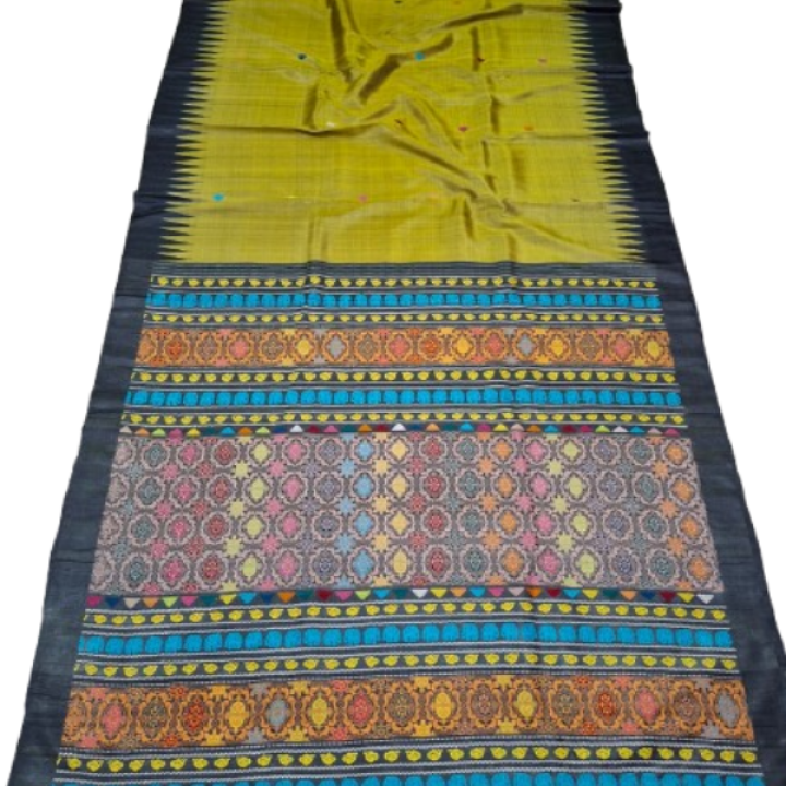 Pure / Fine Tussar Silk Saree with Beautiful Jalha Pallu with Intricate Work , all over Buti , Contrast Temple Border & Matching Blouse Piece