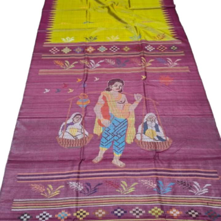 Beautiful Handwoven Fine / Pure Tassar Silk Saree with Contrast Temple Borders with Allover Buti, Beautiful SRAVAN KUMAR Pallu with Traditional Motifs and Matching Blouse Piece