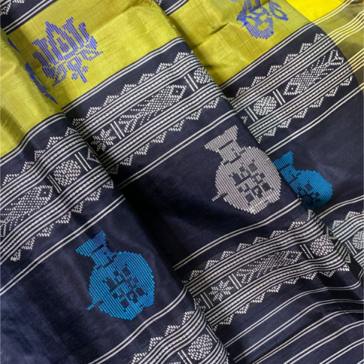 Swastika Design Ganga Jamuna Border Double Aanchal Berhampuri Silk Saree with Colourful Pallu with Heavy Thread Work and Matching Blouse Piece