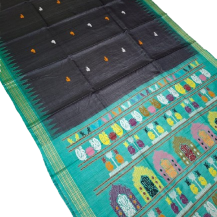 Pure / Fine Tussar Dolabedi Silk Saree with allover Buta, Contrast Dobby Border along with Intricate Dola Pallu and Matching Blouse Piece