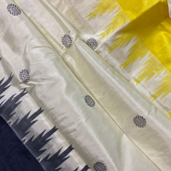 Swastika Design Ganga Jamuna Border Double Aanchal Berhampuri Silk Saree with Colourful Pallu with Heavy Thread Work and Matching Blouse Piece