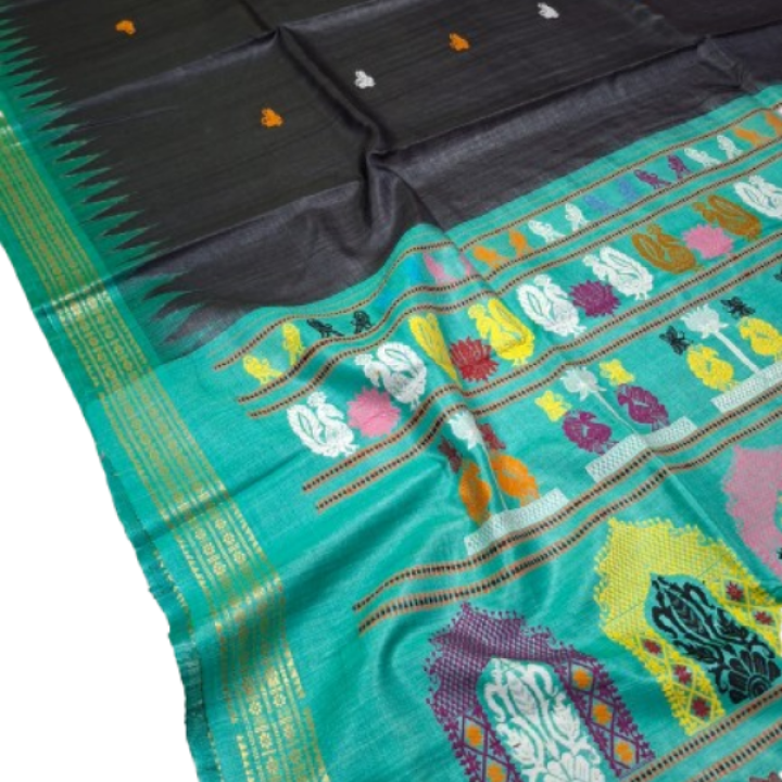 Pure / Fine Tussar Dolabedi Silk Saree with allover Buta, Contrast Dobby Border along with Intricate Dola Pallu and Matching Blouse Piece