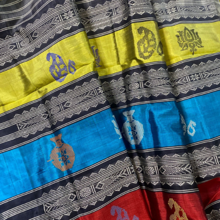 Swastika Design Ganga Jamuna Border Double Aanchal Berhampuri Silk Saree with Colourful Pallu with Heavy Thread Work and Matching Blouse Piece