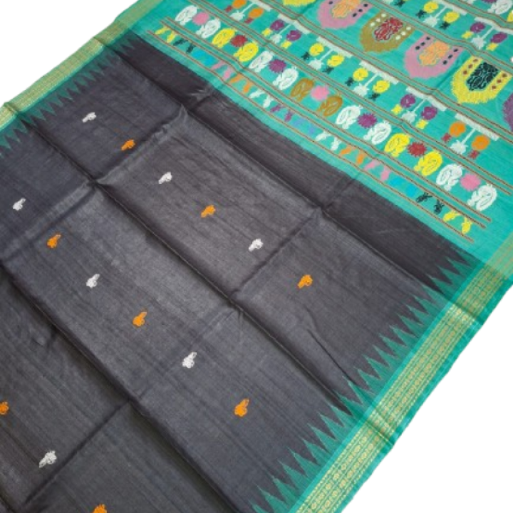 Pure / Fine Tussar Dolabedi Silk Saree with allover Buta, Contrast Dobby Border along with Intricate Dola Pallu and Matching Blouse Piece