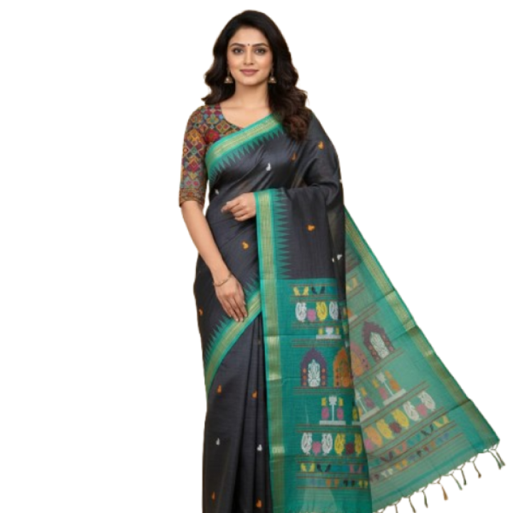 Pure / Fine Tussar Dolabedi Silk Saree with allover Buta, Contrast Dobby Border along with Intricate Dola Pallu and Matching Blouse Piece