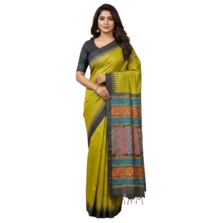 Pure / Fine Tussar Silk Saree with Beautiful Jalha Pallu with Intricate Work , all over Buti , Contrast Temple Border & Matching Blouse Piece