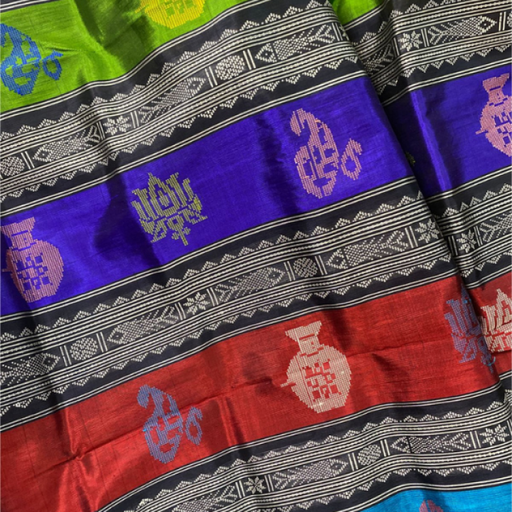 Swastika Design Ganga Jamuna Border Double Aanchal Berhampuri Silk Saree with Colourful Pallu with Heavy Thread Work and Matching Blouse Piece