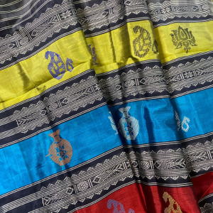 Swastika Design Ganga Jamuna Border Double Aanchal Berhampuri Silk Saree with Colourful Pallu with Heavy Thread Work and Matching Blouse Piece