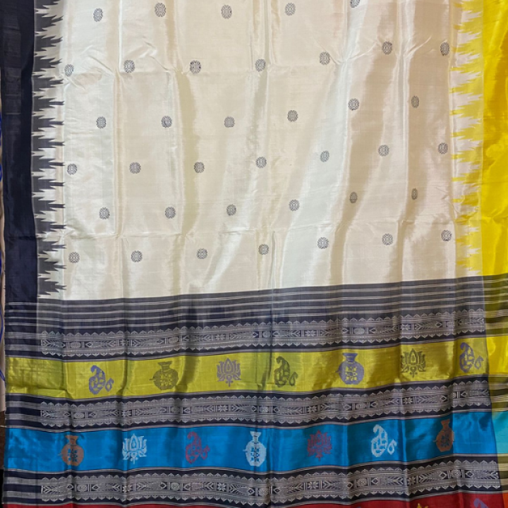 Swastika Design Ganga Jamuna Border Double Aanchal Berhampuri Silk Saree with Colourful Pallu with Heavy Thread Work and Matching Blouse Piece