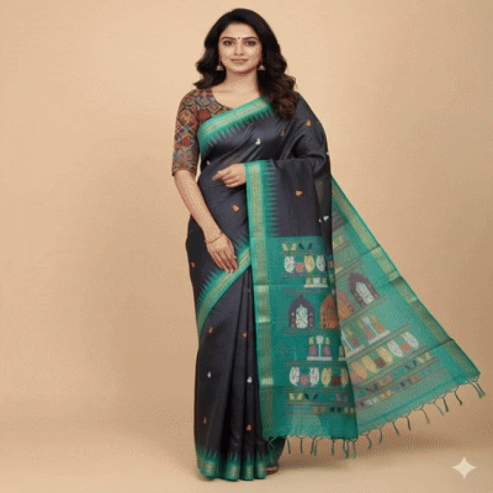 Pure / Fine Tussar Dolabedi Silk Saree with allover Buta, Contrast Dobby Border along with Intricate Dola Pallu and Matching Blouse Piece